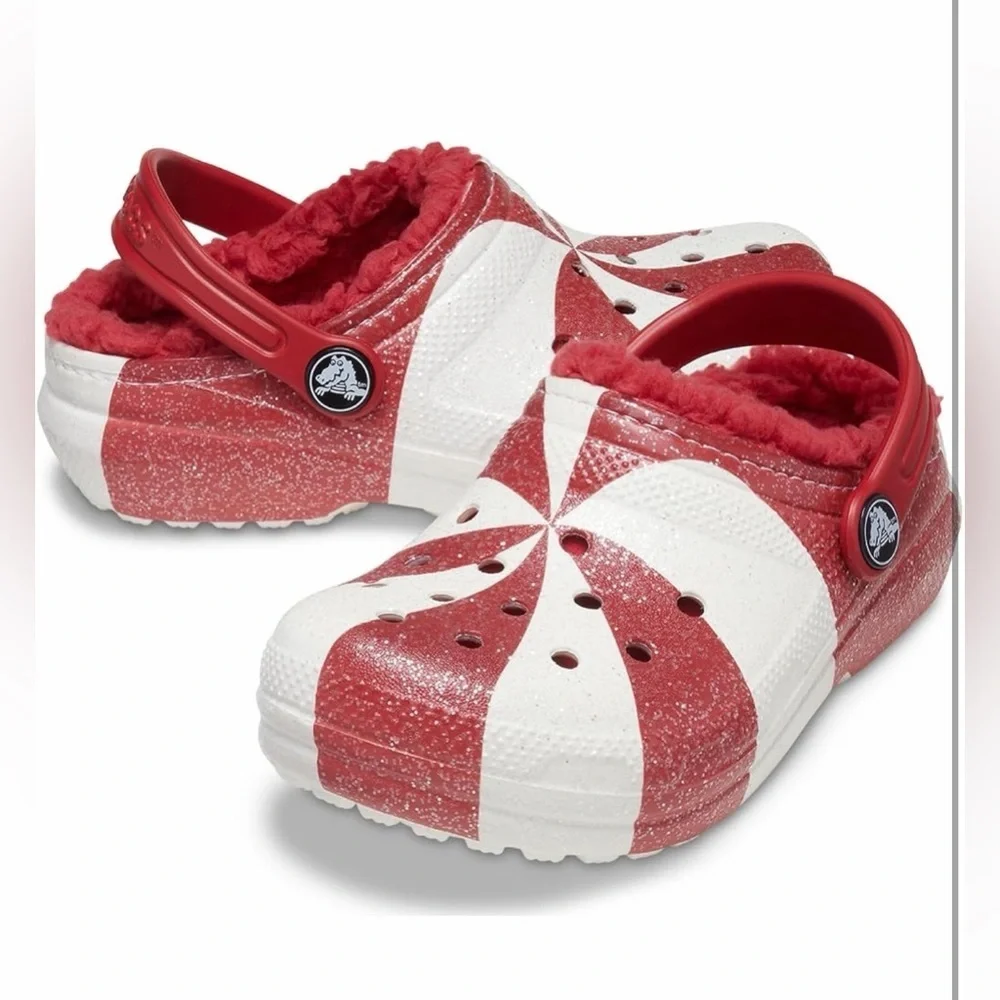 CROCS Kids Red and White Peppermint-Pattern Fleece-Lined Clog